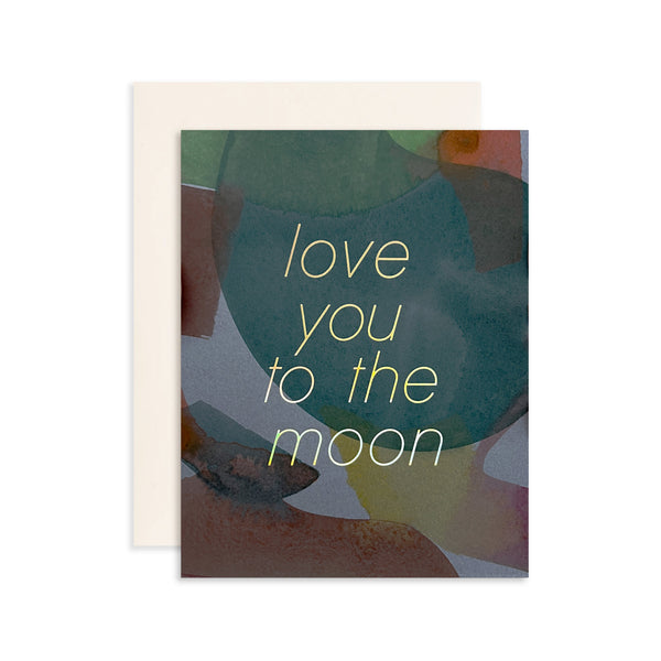 Moglea Love Moon greeting card with celestial moon illustration and heartfelt message on textured paper.