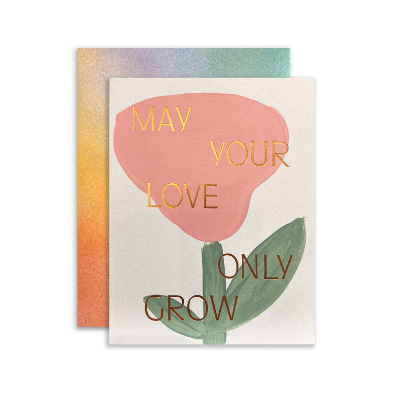 Moglea Love Only Grows greeting card featuring elegant floral design and heartfelt message on a white background.